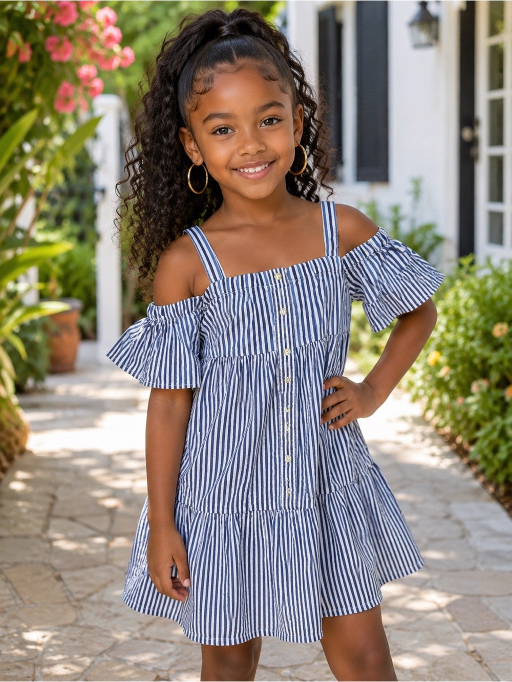 Free Assembly Girls Dress Blue White Stripe Cold Shoulder Ruffle Cotton Size 7/8